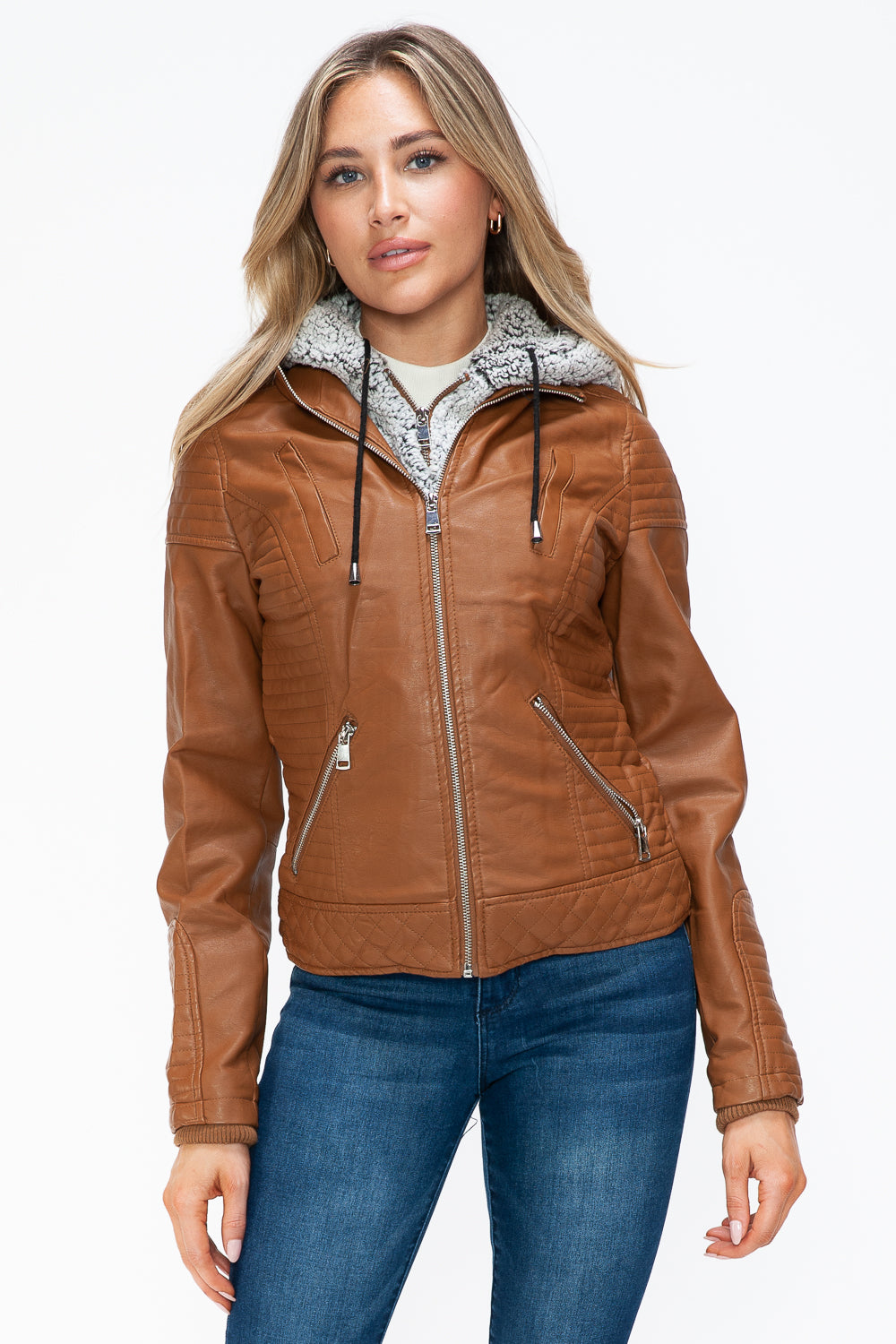 Faux Layered Double-Zipper Jacket with Fuzzy Hood - Elysian Luxe Outerwear