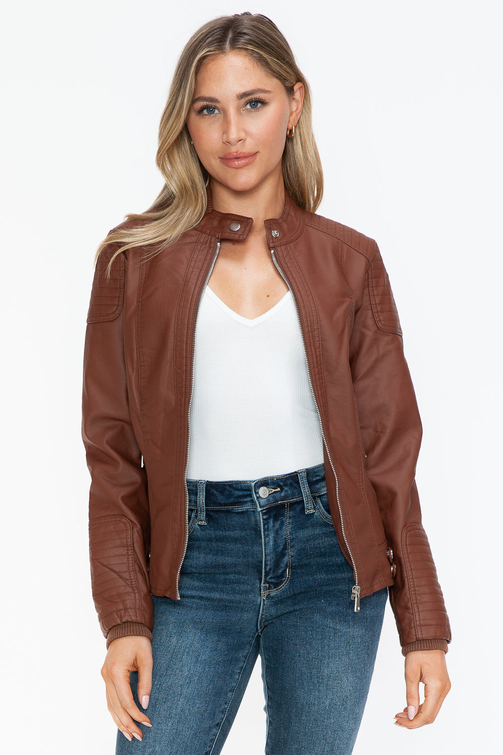 Faux Leather Biker Jacket - Luxe Chic with Side Zip Pockets