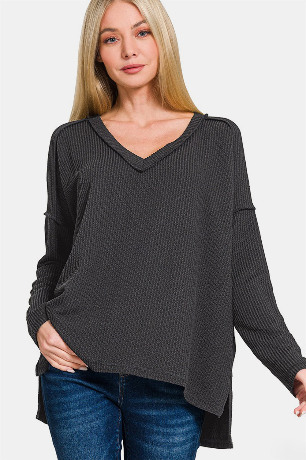 Luxe V-Neck Long Sleeve Top - Elysian Seam Detail Shirt