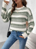 Perfee Contrast Round Neck Long Sleeve Sweater