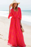 Drawstring Printed V-Neck Maxi Dress