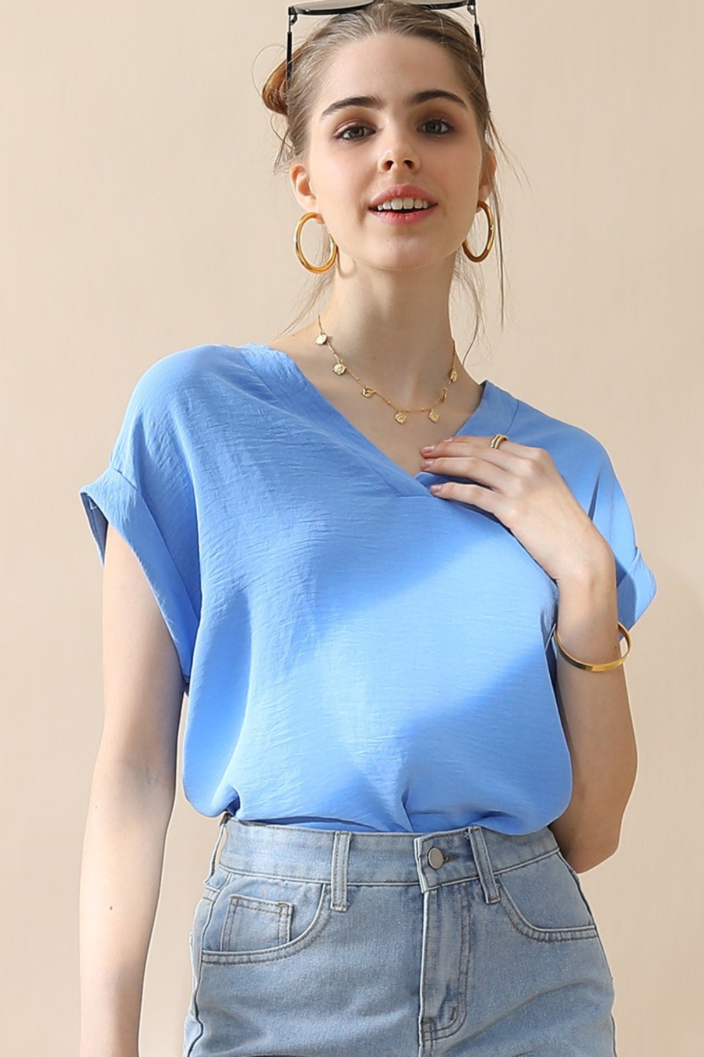 Luxe V-Neck Short Sleeve Blouse - Elysian Trimmed Top