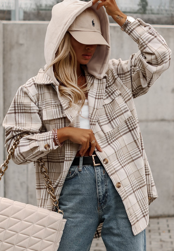 Luxe Plaid Shacket with Detachable Hood - Chic Layering Piece