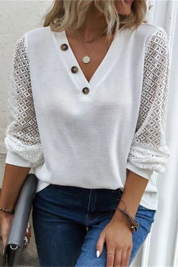 V-Neck Long Sleeve Tee - Embellished Elegant Top