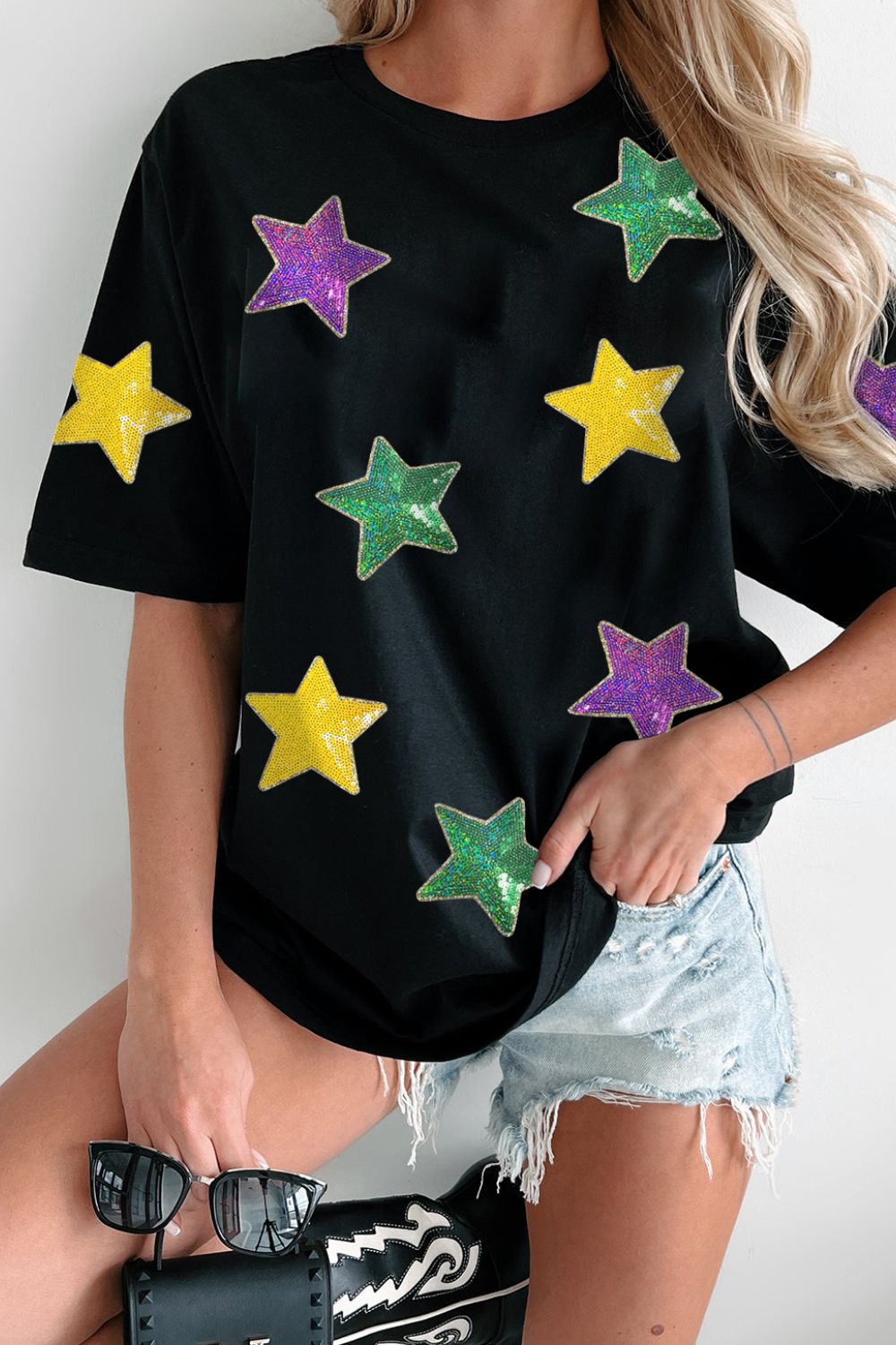 Sequin Round Neck Tee - Celestial Elegance Shirt