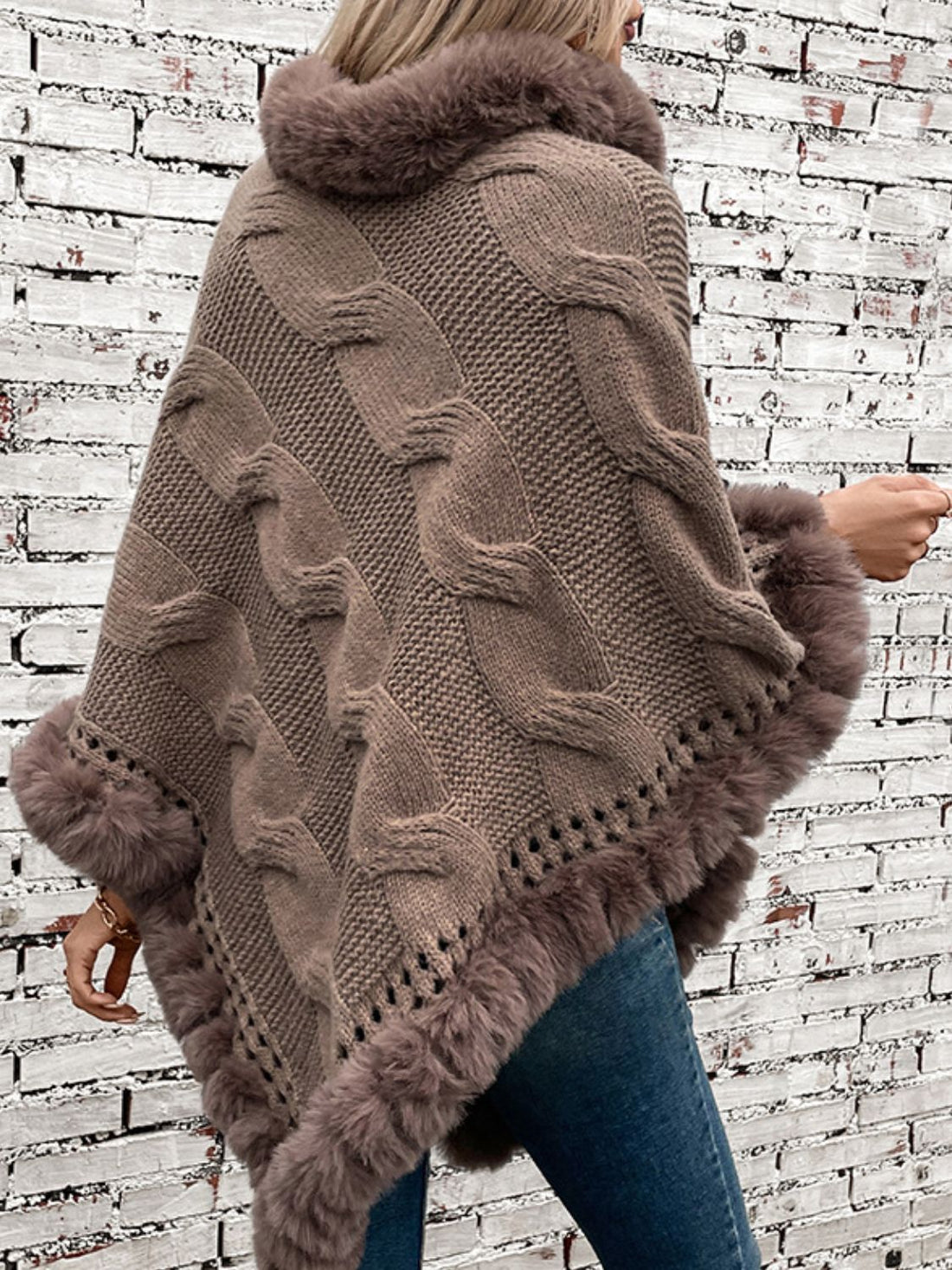 Cable-Knit Poncho with Luxe Fleece Trim - Cozy Layering Piece