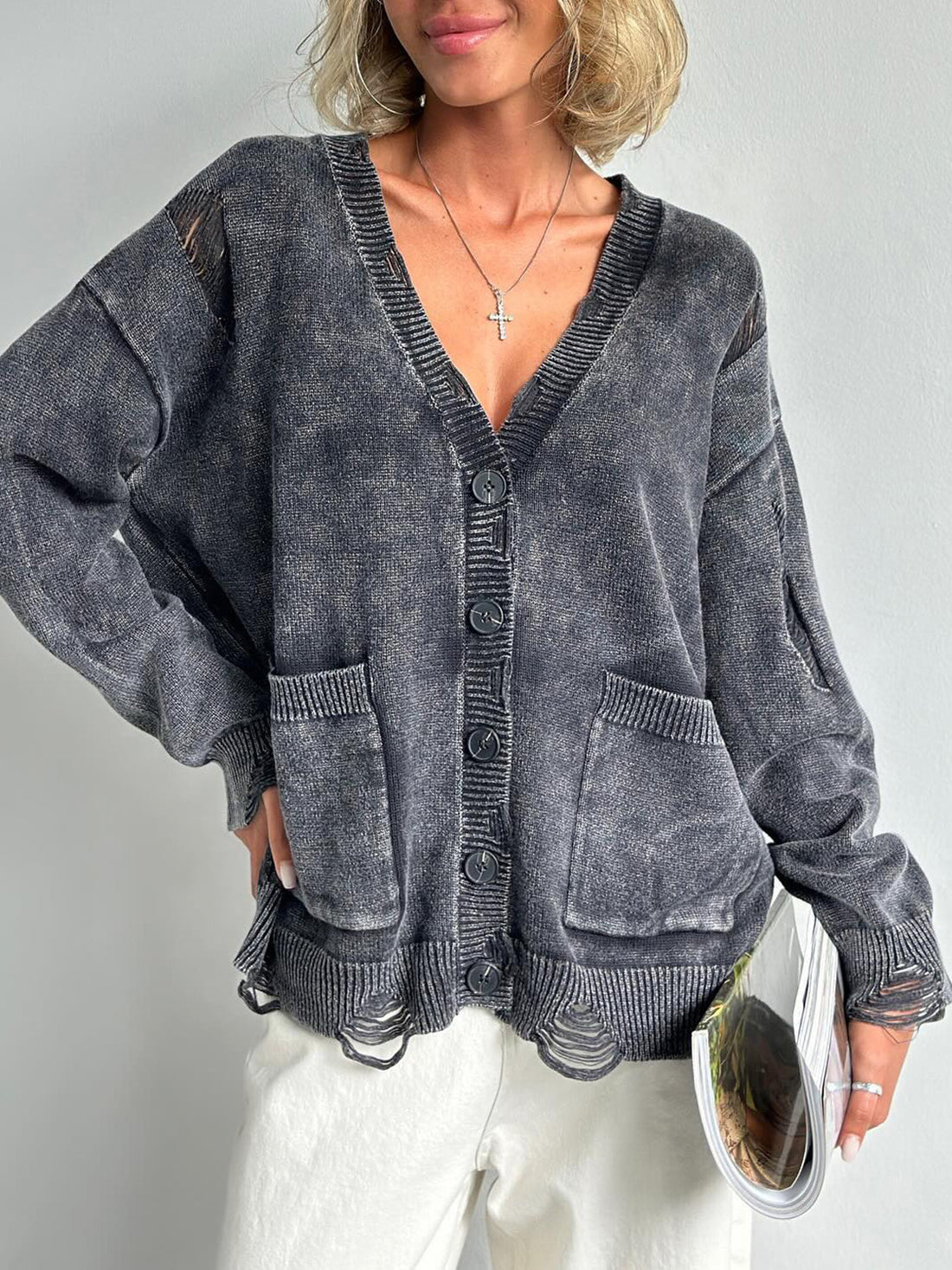 Distressed Button-Up Cardigan - Chic Elegance Sweater