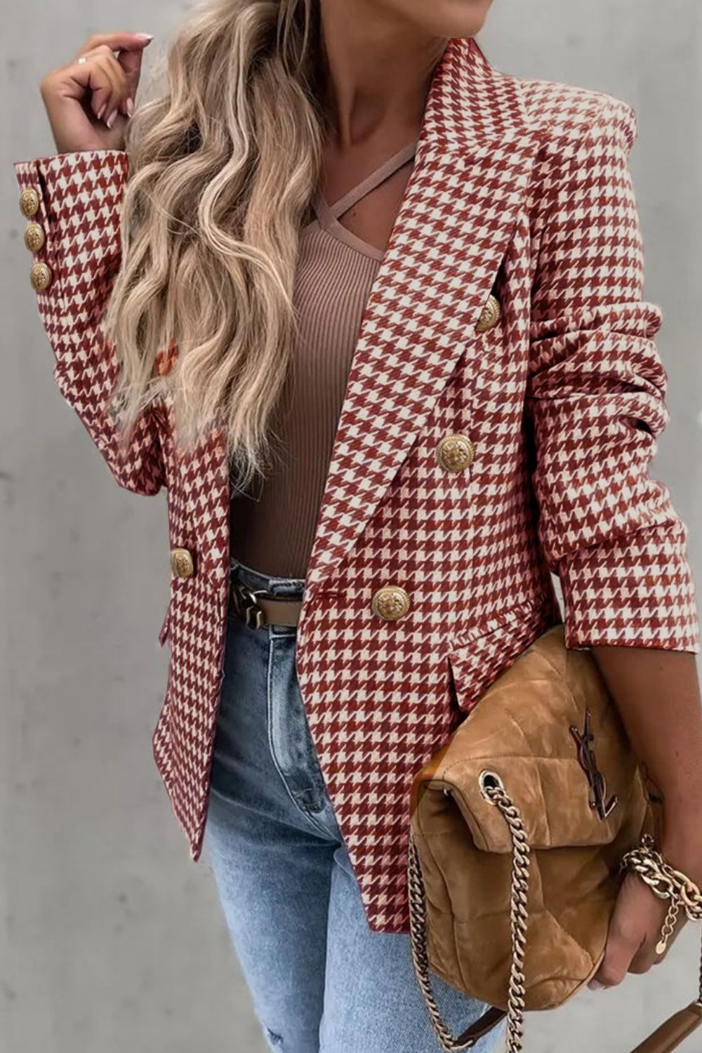 Houndstooth Double-Breasted Blazer - Elegant Luxe Collar