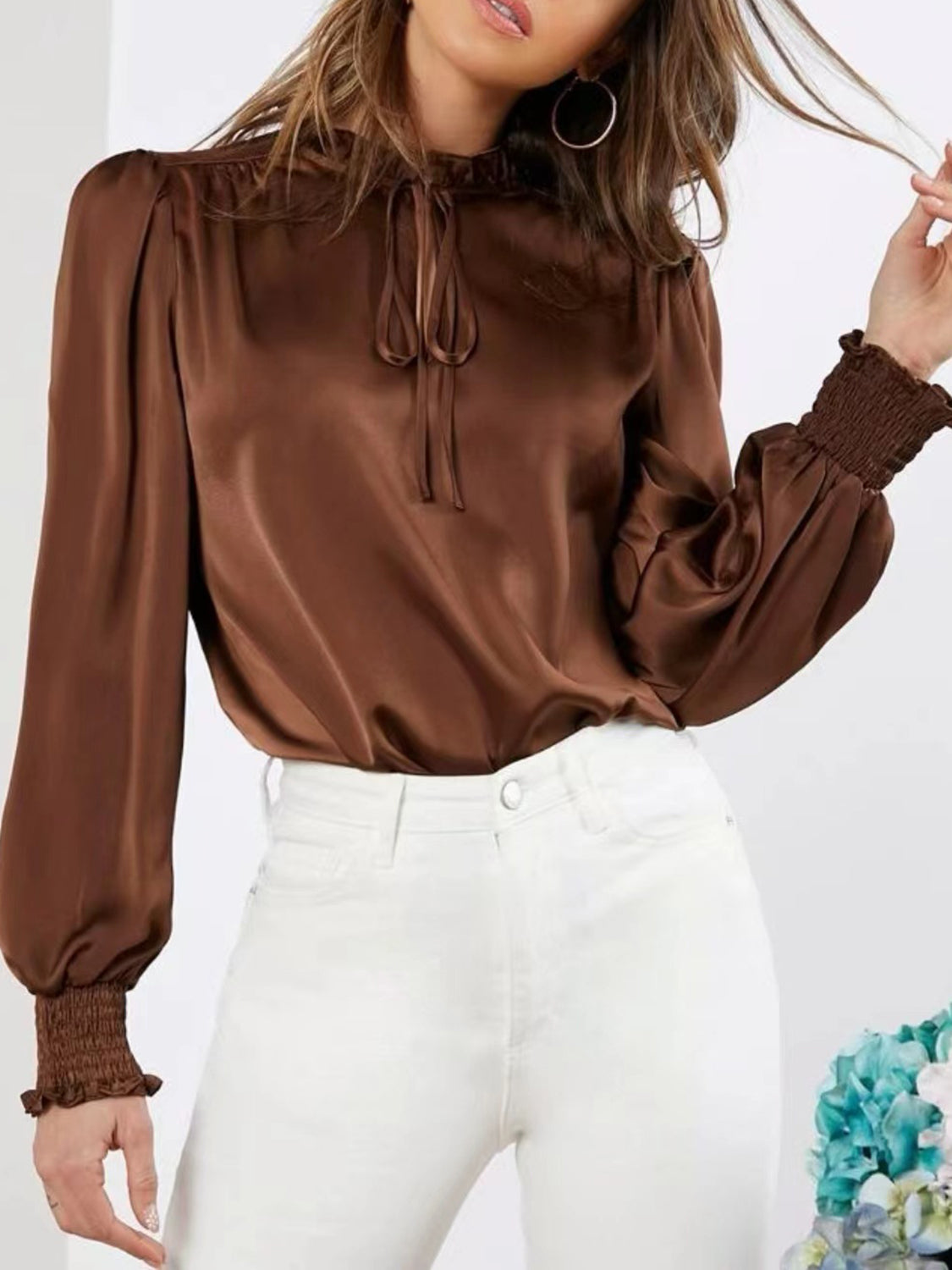 Elegant Lantern Sleeve Blouse with Frill Tie