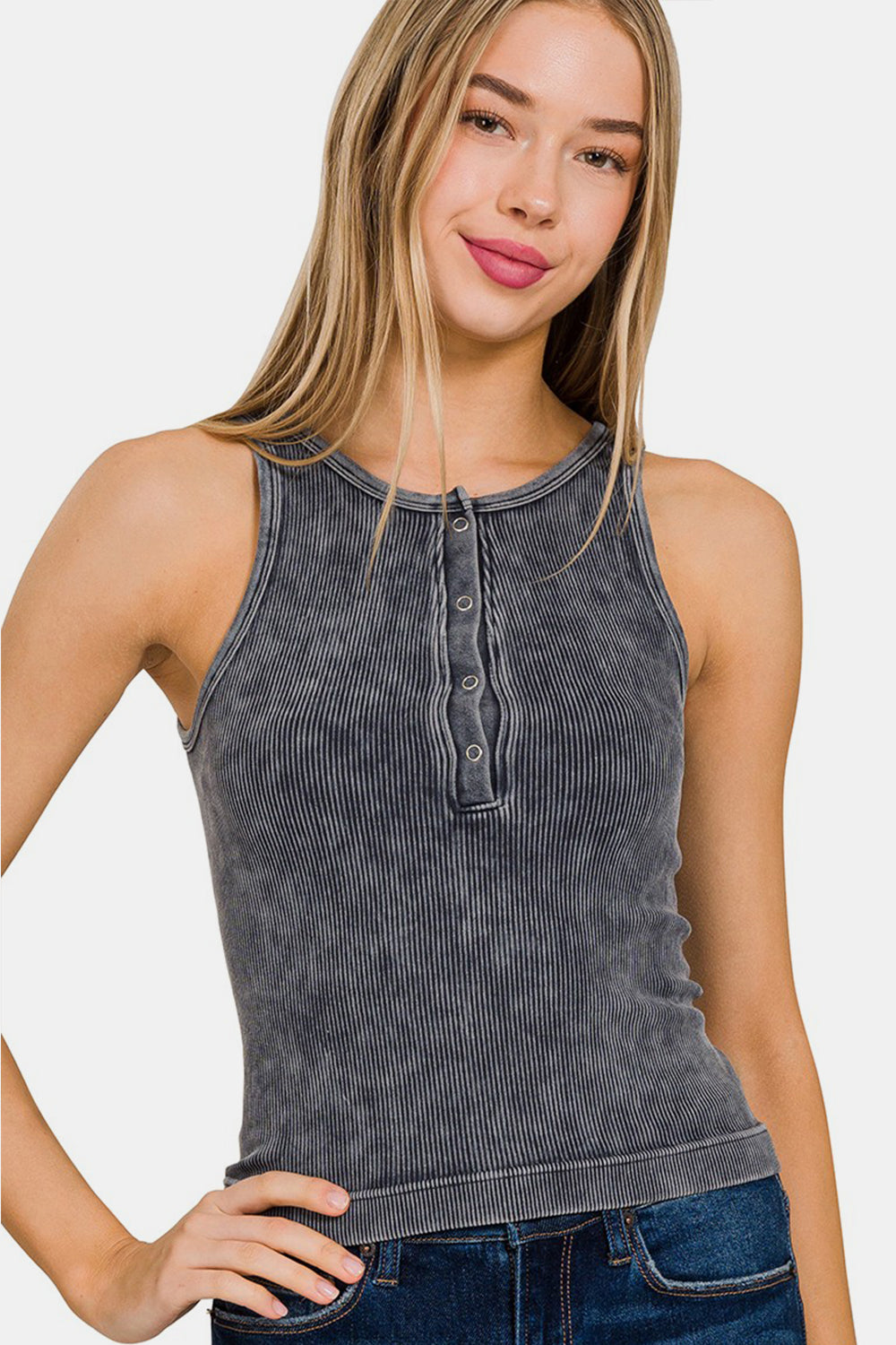 Ribbed Seamless Tank - Elysian Luxe Snap-Detail Top