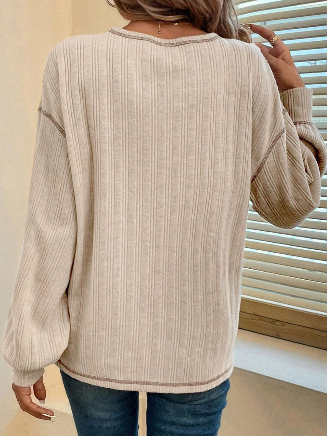 Luxe Contrast Stitch Round Neck Long Sleeve Tee - Chic Casual Top