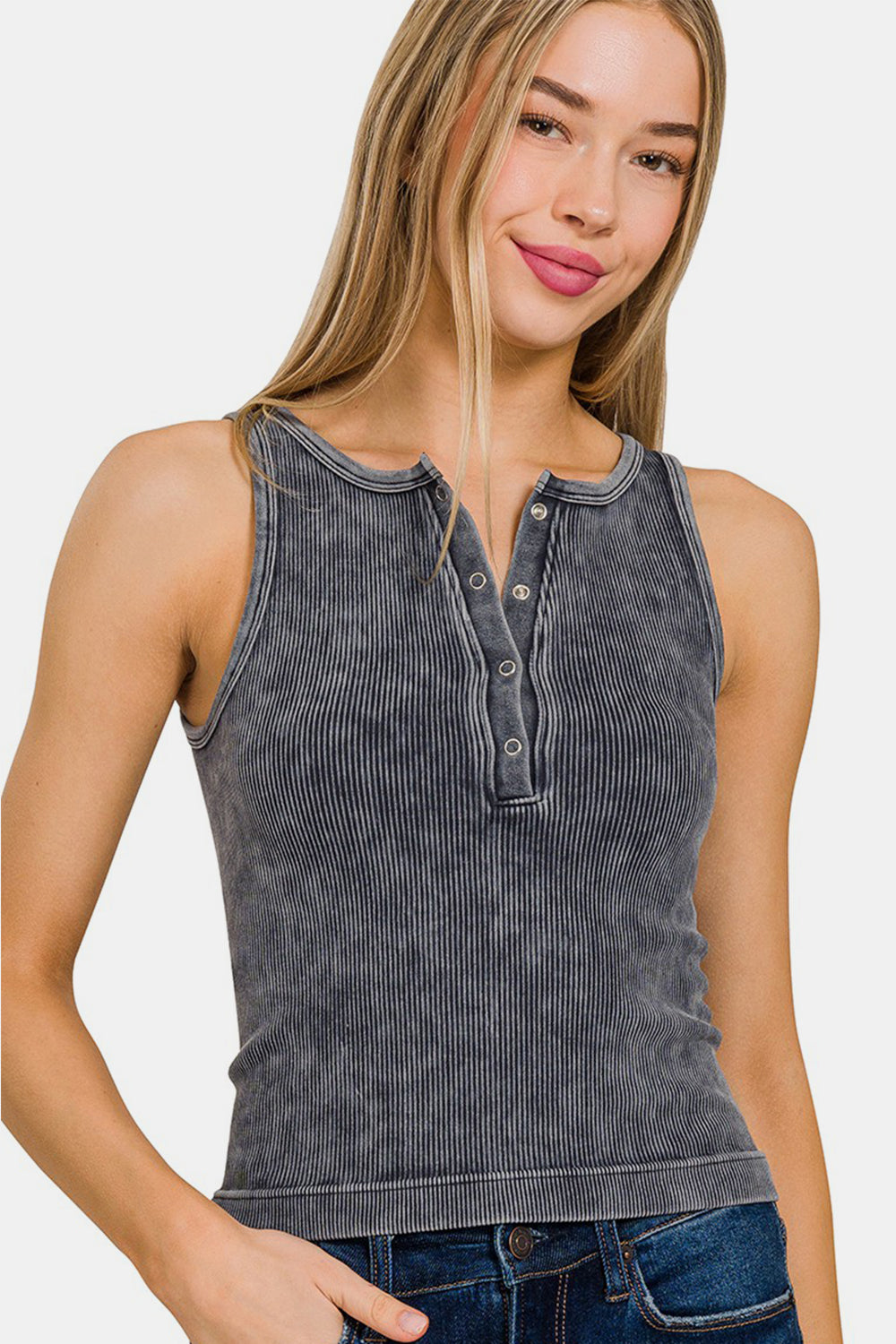 Ribbed Seamless Tank - Elysian Luxe Snap-Detail Top