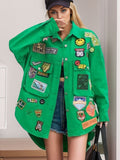 Embroidered Patch Button Up Long Sleeve Denim Jacket