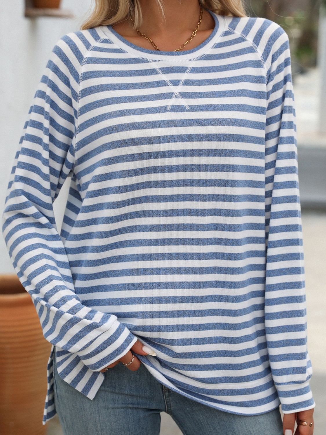 Striped Long Sleeve Top - Celeste Round Neck Elegance