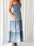 Slit Smocked Tube Tiered Denim Dress