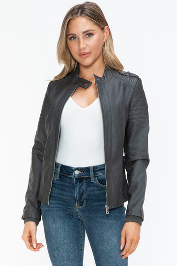 Luxe Biker Jacket - Opulent Noir with Chic Side Zip Pockets