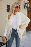 Fringe Detail Long Sleeve Ribbed Poncho