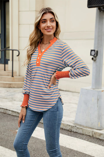 Striped Notched Sleeve Blouse - Chic Elegant Top