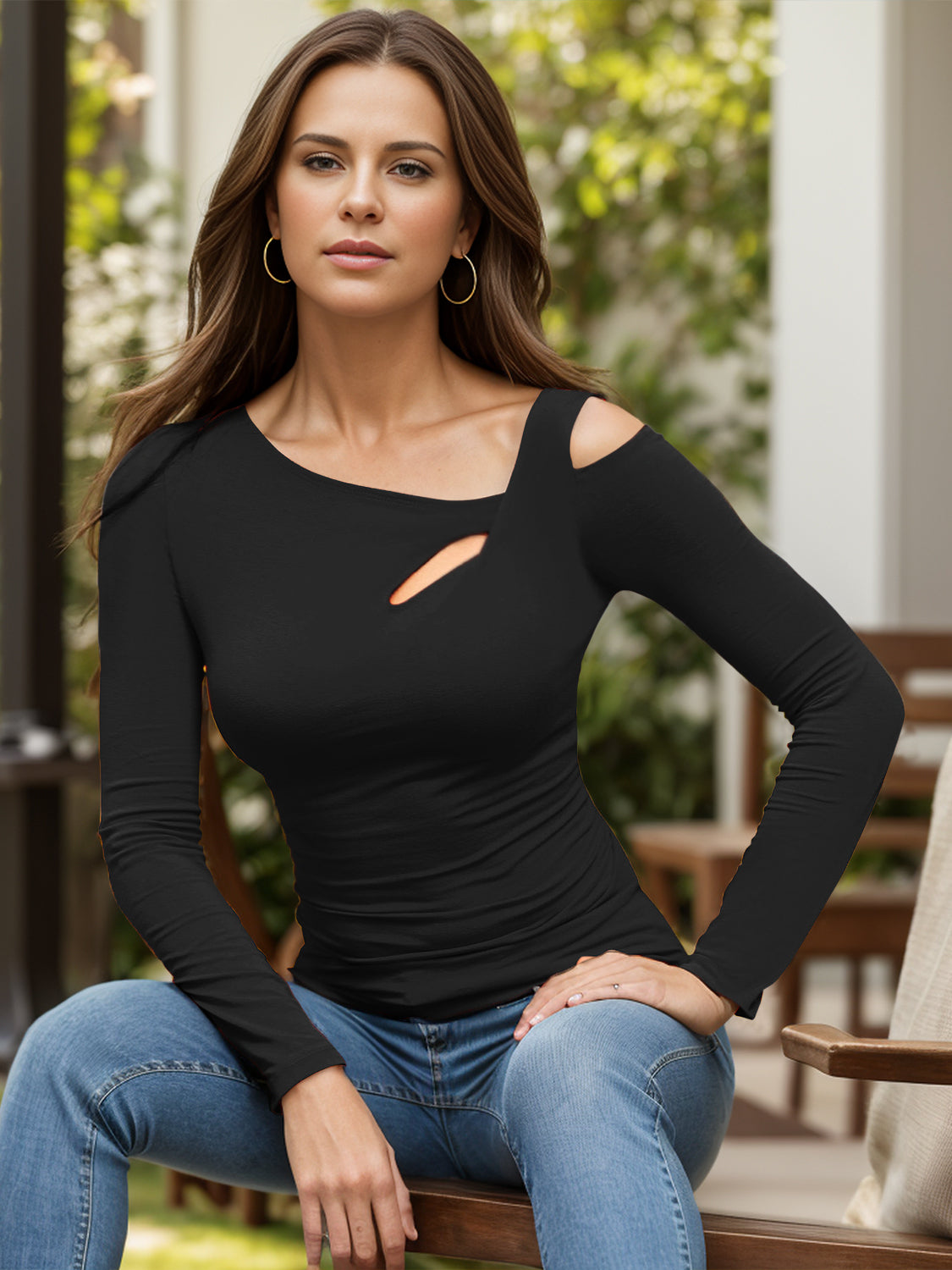 Asymmetrical Cutout Long Sleeve Tee - Elegant Casual Top