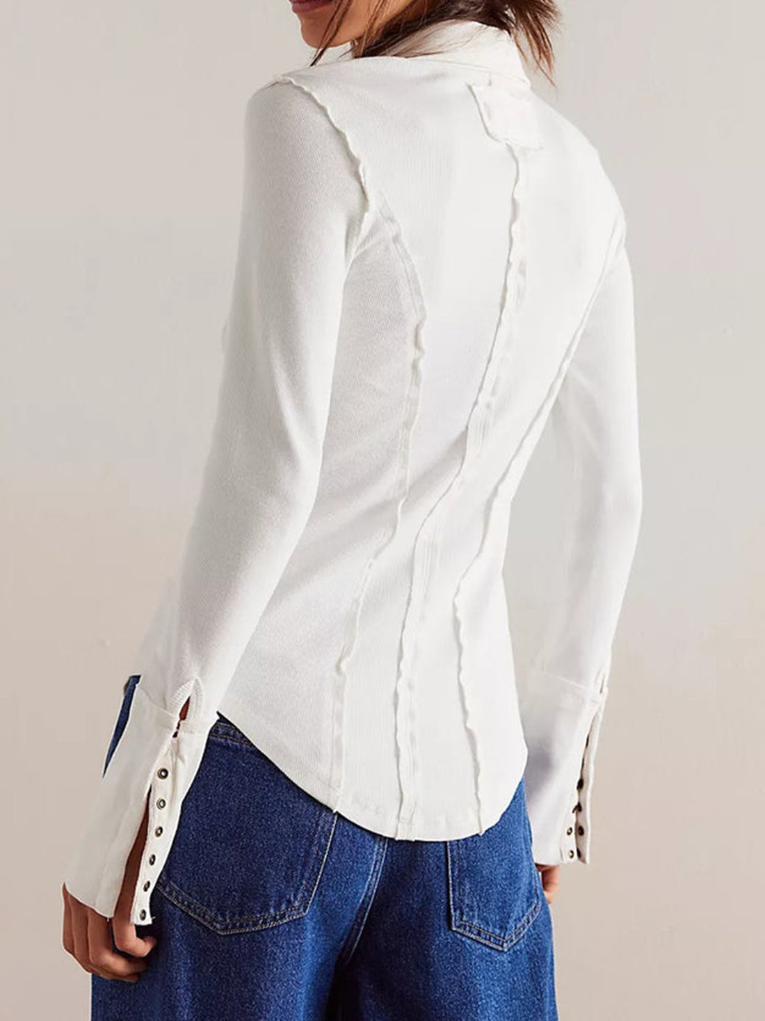 Luxe Snap-Down Blouse - Elegant Seamed Collared Top