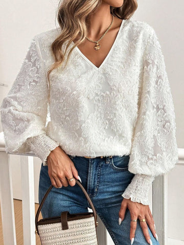 Celestial Print V-Neck Blouse - Effortless Lantern Sleeve Top