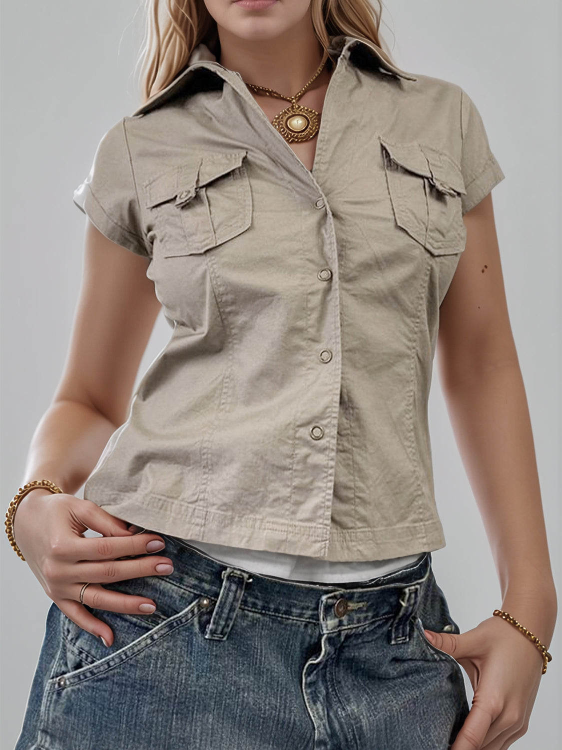 Elegant Collared Short Sleeve Blouse - Celestial Style