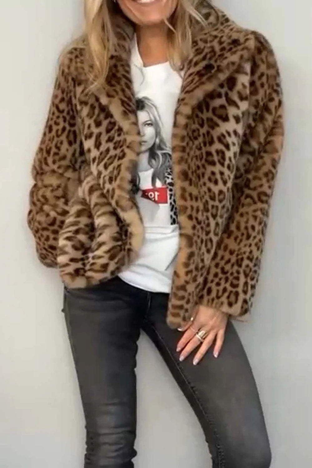 Luxe Leopard Print Fur-Collared Long Sleeve Coat