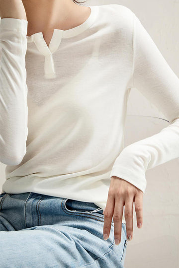 Chic Notched Long Sleeve Tee - Elegant Casual Top