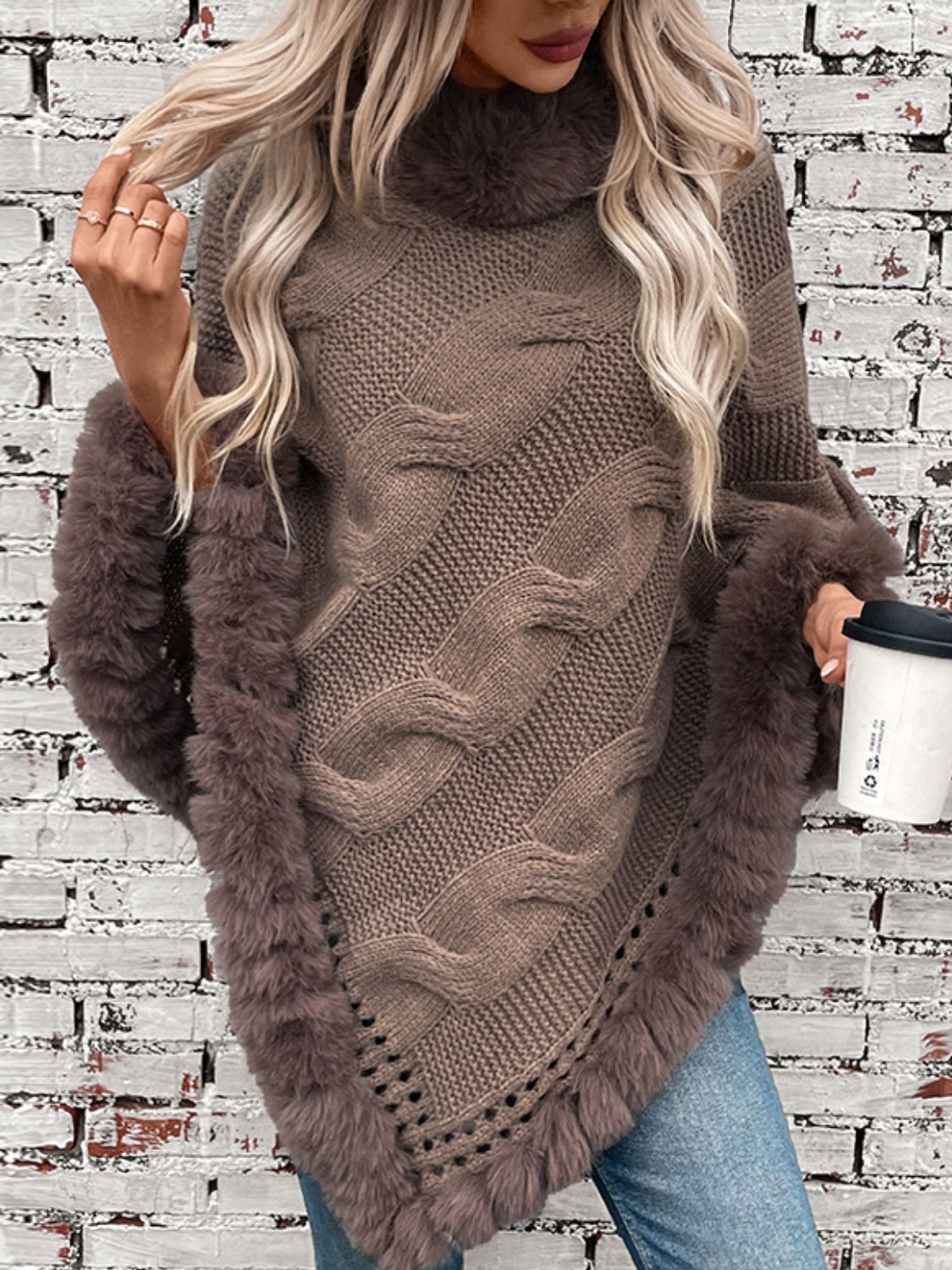 Cable-Knit Poncho with Luxe Fleece Trim - Cozy Layering Piece