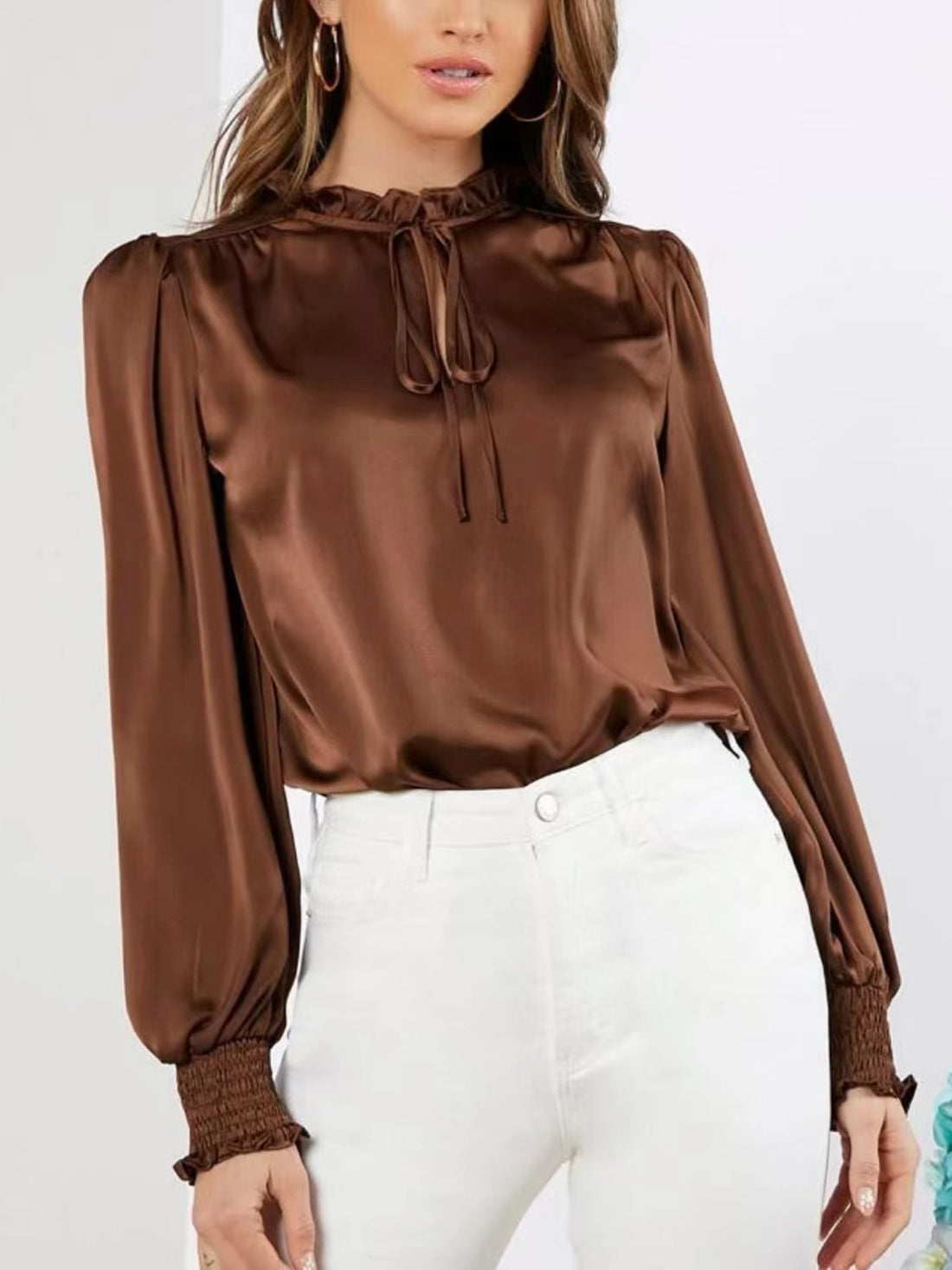 Elegant Lantern Sleeve Blouse with Frill Tie