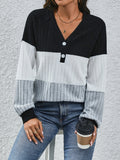 Ribbed Contrast V-Neck Long Sleeve T-Shirt