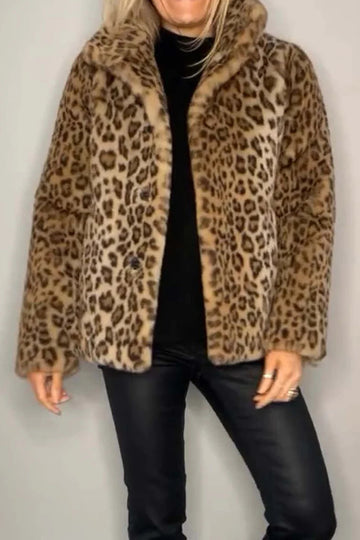 Luxe Leopard Print Fur-Collared Long Sleeve Coat