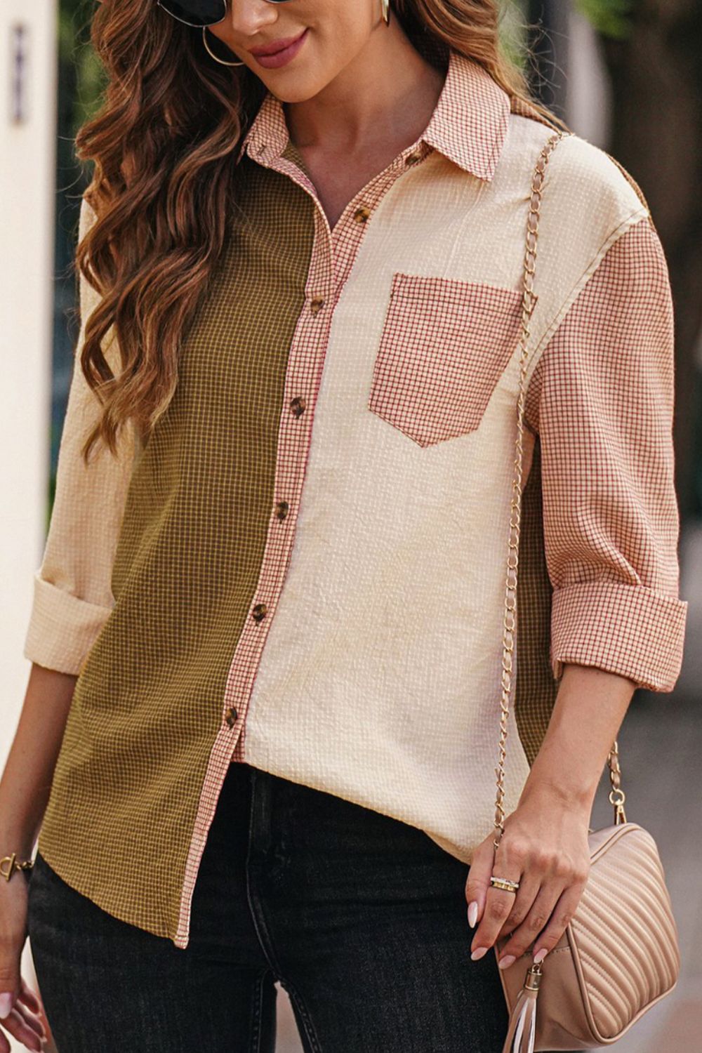 Plaid Luxe Button-Up Blouse - Chic Elegance Top