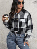 Perfee Plaid Button Up Drop Shoulder Cropped Jacket