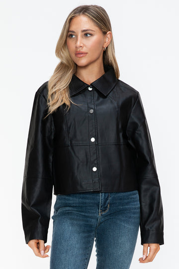 Luxe Leather Jacket - Opulent Snap-Down Long Sleeve Elegant Outerwear