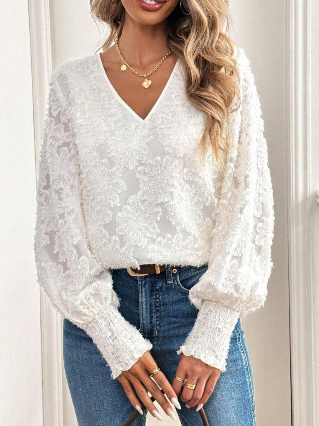 Celestial Print V-Neck Blouse - Effortless Lantern Sleeve Top