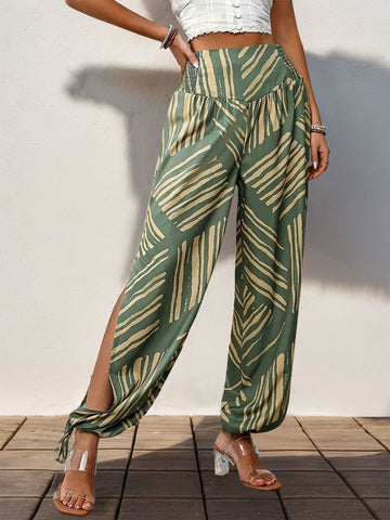 Luxe High-Waist Smocked Trousers with Slit