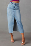 Slit Raw Hem Midi Denim Skirt