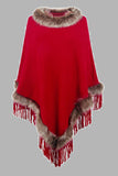 Faux Fur Trim Fringed Poncho