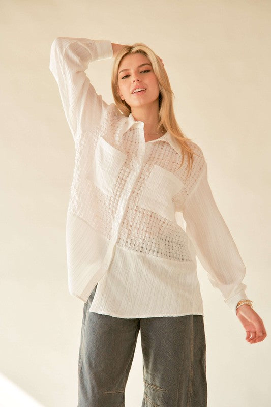 Luxe Crinkled Jacquard Blouse - Elegant Celeste  Co Top