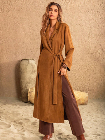 Longline Coat - Opulent Elegance with Slit and Tie Collar