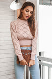 Openwork Plaid Round Neck Cropped Sweater